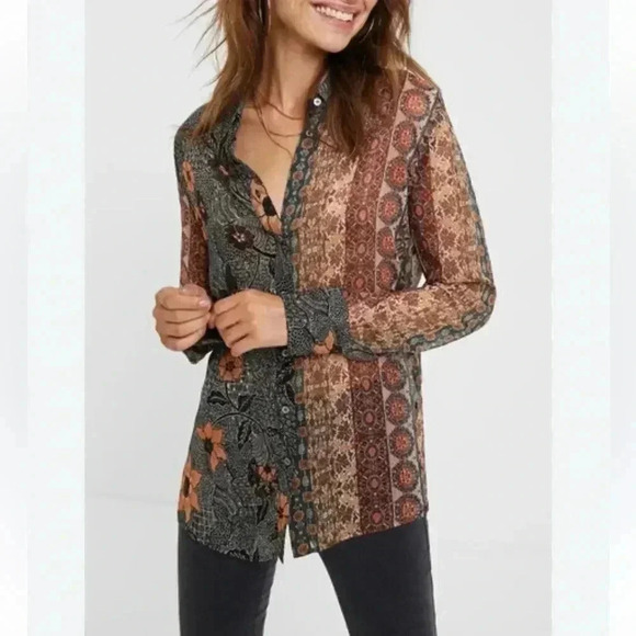 Desigual | “Rodano” Button Down Mixed Print Blouse - Picture 1 of 10